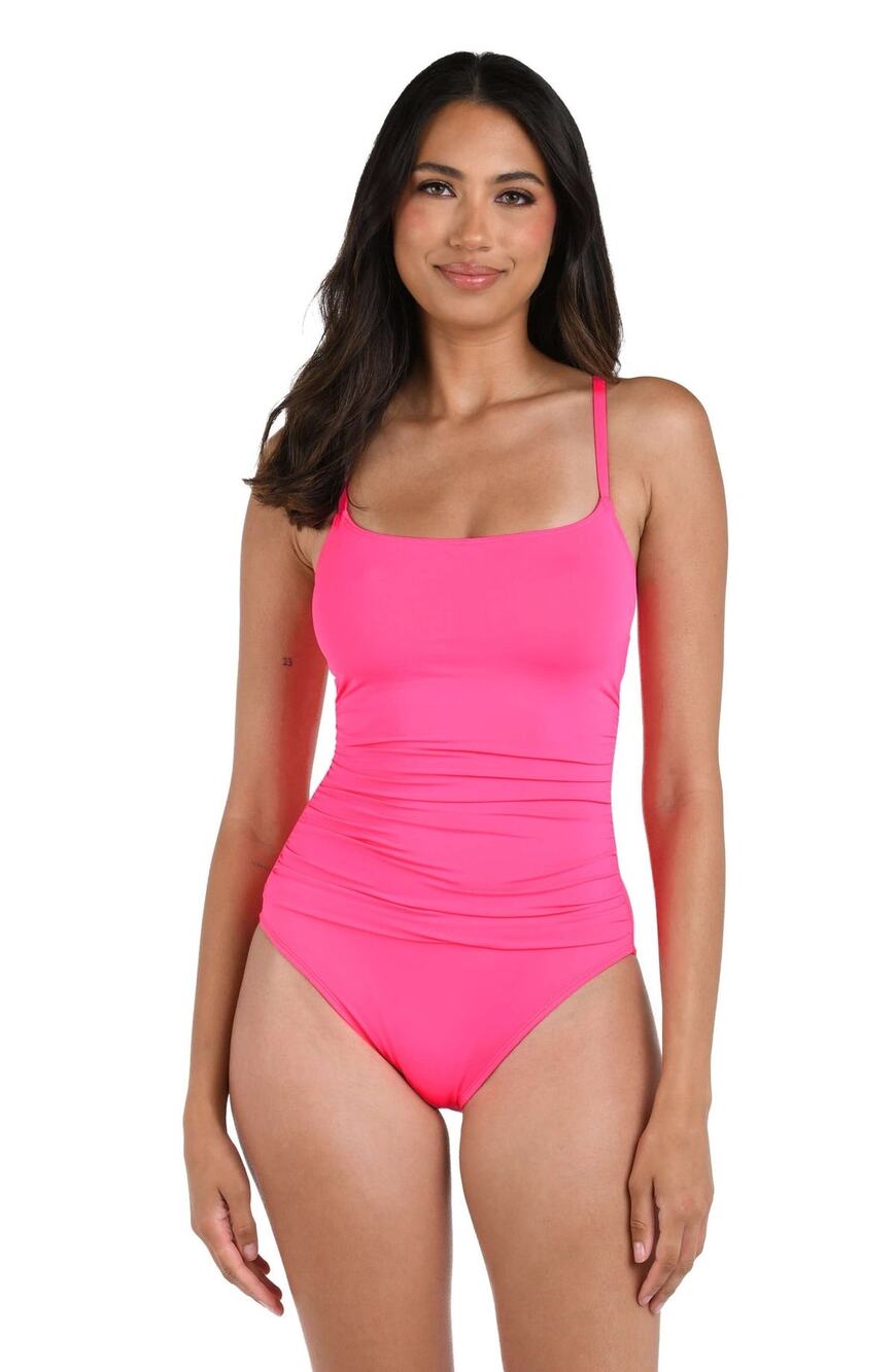 La Blanca Island Goddess Solid Pink Square Neck One Piece Swimsuit Size 2